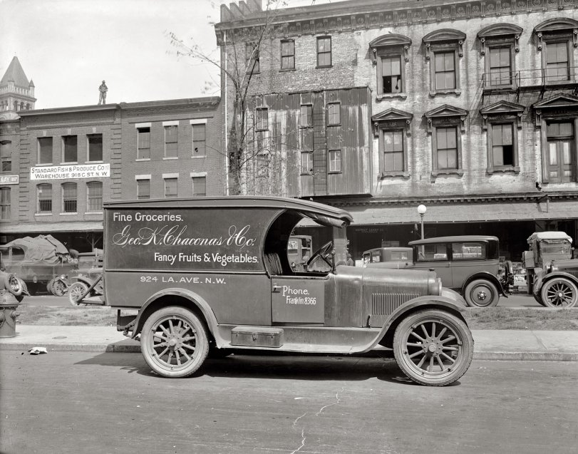 Washington, D.C., circa 1925. "Semmes Motor Co. George K. Chaconas &amp; Co. truck." A Dodge delivery van for the grocery owned by George Chaconas. National Photo Company Collection glass negative. View full size.
