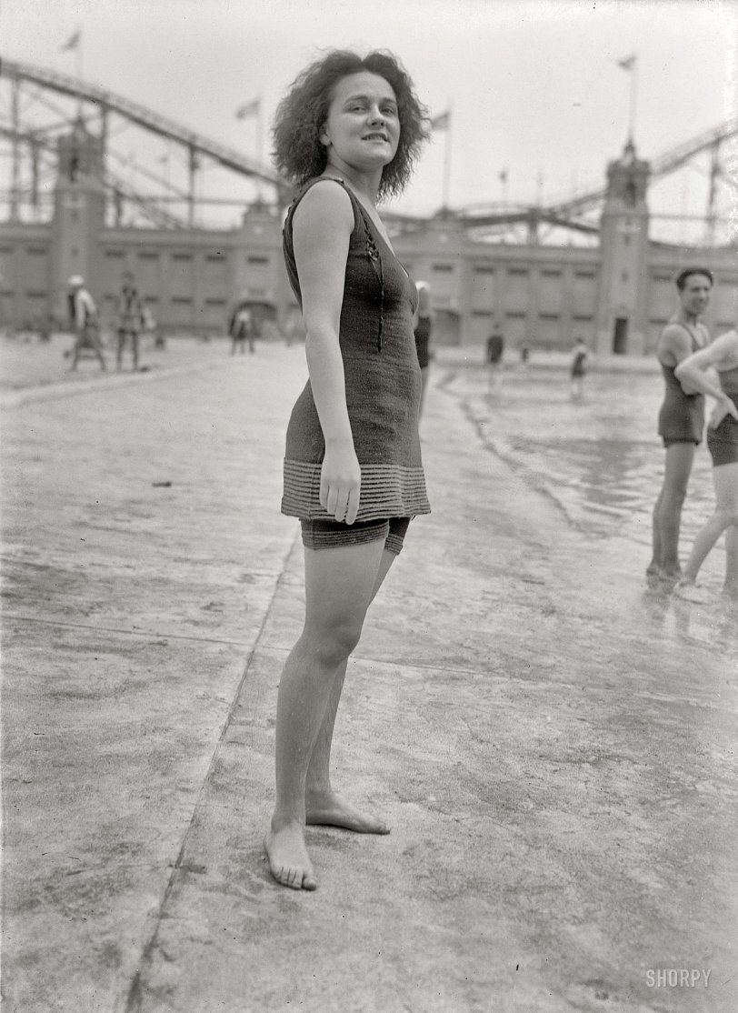 June 1921. Eleanor Tierney at Starlight Park on the Bronx River at 177th Street. Eleanor, a Broadway chorus girl,  married a banker and ended up in Larchmont. 5x7 glass negative, George Grantham Bain Collection. View full size.
