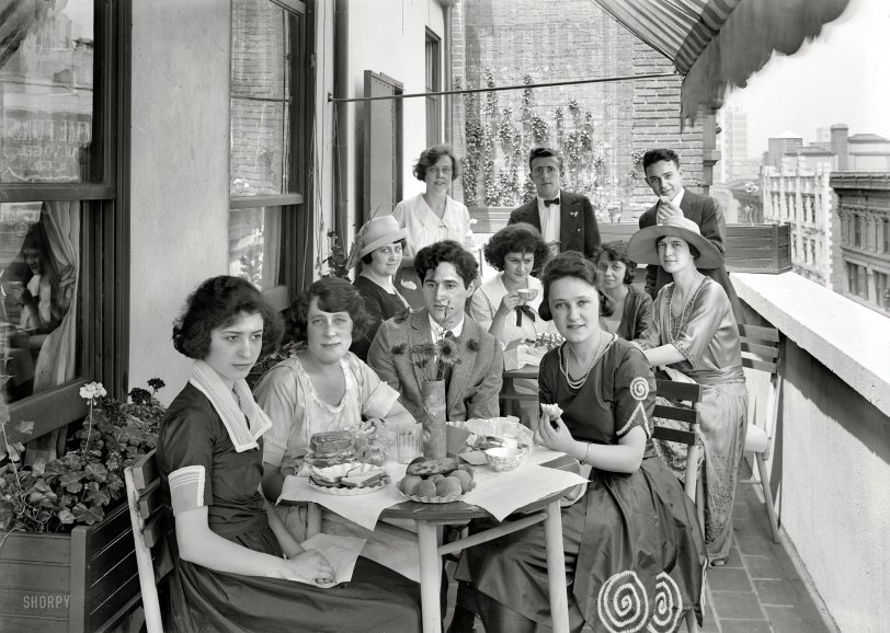 New York, June 29, 1921. "Brunswick Records employees' luncheon." Seated center is the pianist Marvin Maazel; his dining companions include the contralto Elizabeth Lennox (hat, far right) and soprano Marie Tiffany (hat, seated left). 5x7 glass negative, George Grantham Bain Collection. View full size.
