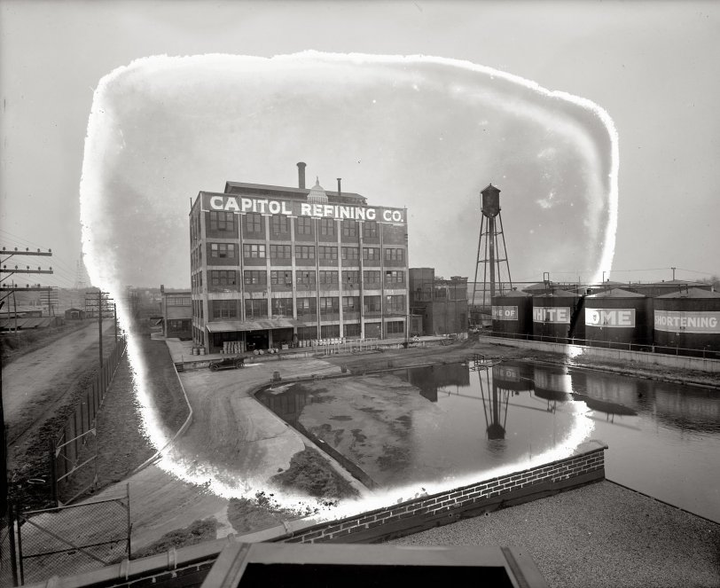Another view of the Capitol Refining plant, "Home of White Dome Shortening," just outside Washington circa 1925. Note the Capitol "dome" atop the building. View full size. National Photo Company Collection glass negative.
