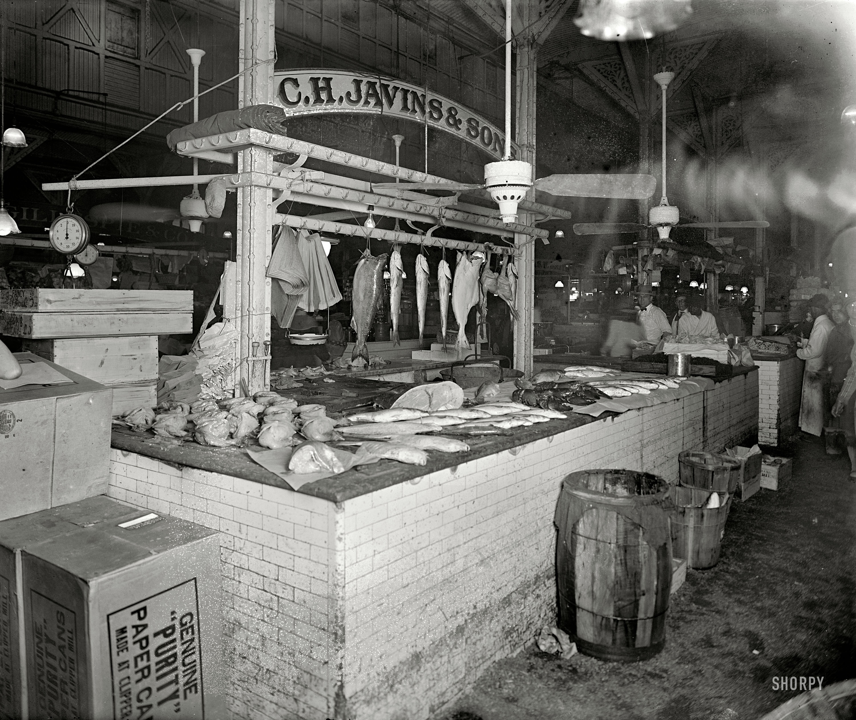 September 1926. "Thos. R. Shipp Co. -- C.H. Javins stand." The Charles Javins seafood stand in our second look today at Washington's old Center Market. National Photo Company Collection glass negative. View full size.