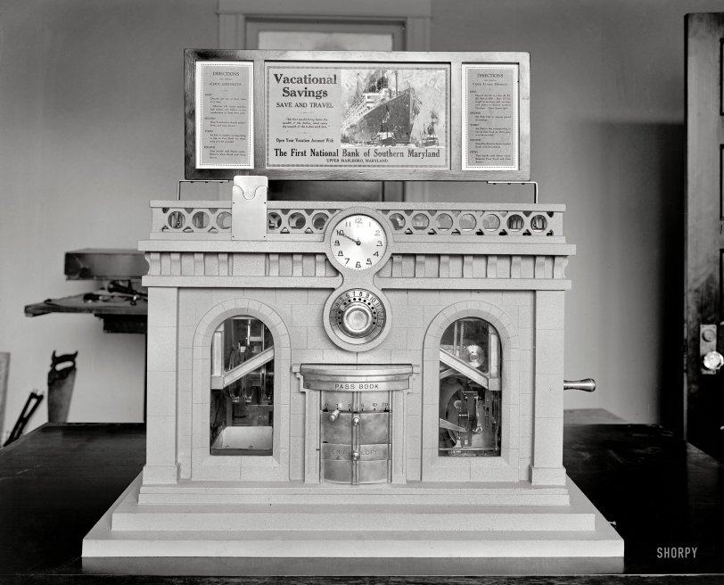 Washington, D.C., circa 1918. "Bankers Automatic Receiving Teller Co." These machines (designed to look like little bank buildings) were used, among other places, in the D.C. schools into the 1930s to encourage thrifty habits. National Photo Company Collection glass negative. View full size.

