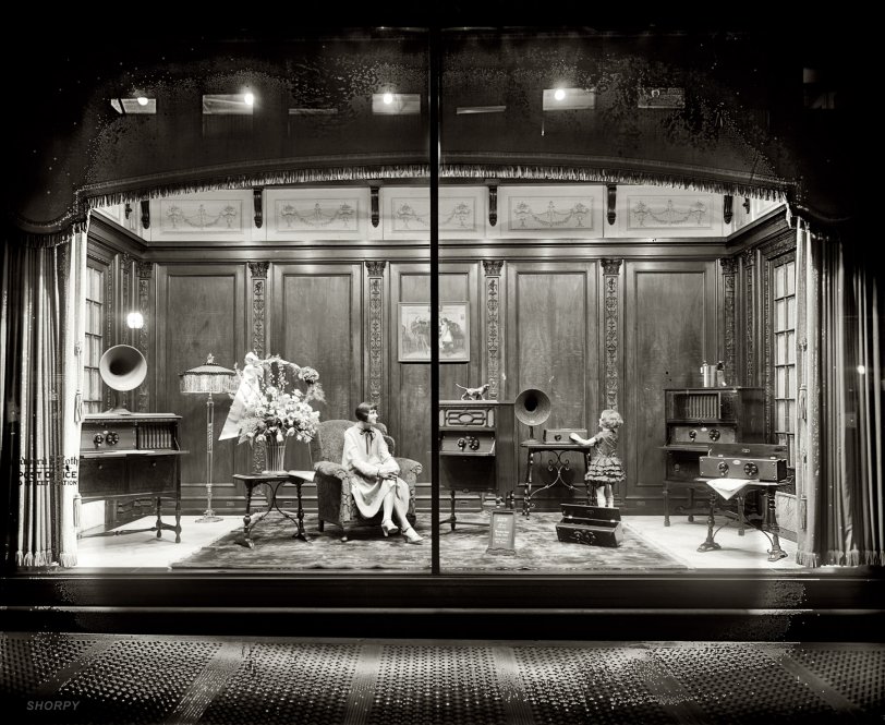 "Thomas R. Shipp Co. Atwater Kent window. Woodward &amp; Lothrop." Department store window display of Atwater Kent radio equipment circa 1926 in Washington, D.C. National Photo Company Collection glass negative. View full size.
