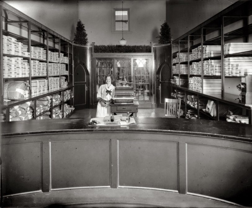 "Palace Laundry." Miss Spahr of the Elite Laundry, 5616 Connecticut Ave. N.W., circa Christmas 1924. View full size. National Photo Company glass negative.
