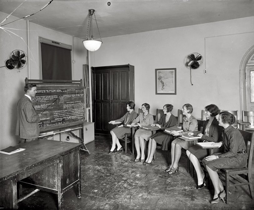 Washington, 1928. "C&amp;P Tel. Co. girls in class laughing." Employee education at Chesapeake &amp; Potomac Telephone. View full size. Nat'l. Photo glass negative.
