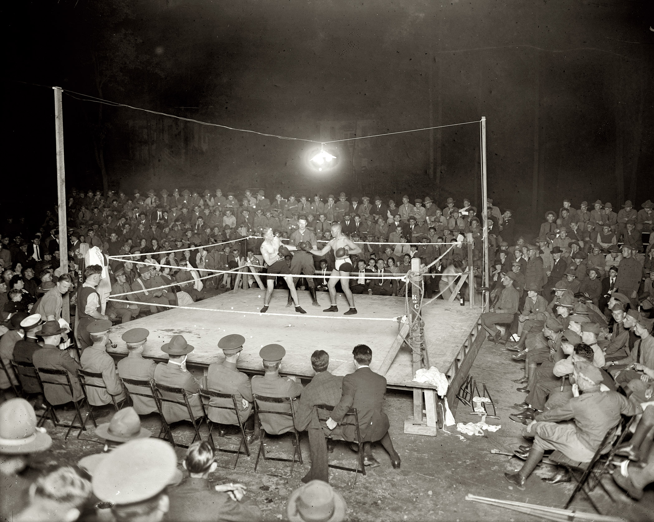 Circa 1919, "Boxing at Walter Reed Hospital." With some connection to the Knights of Columbus. View full size. National Photo Company glass negative.