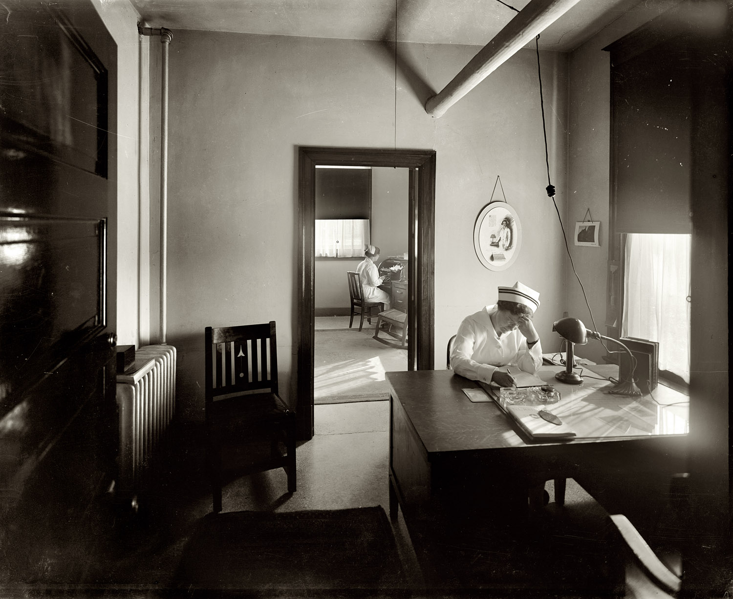 December 1928. "Washington Sanitarium. Takoma Park, Maryland. Office of Inpatient Nurses." View full size. National Photo Company glass negative.