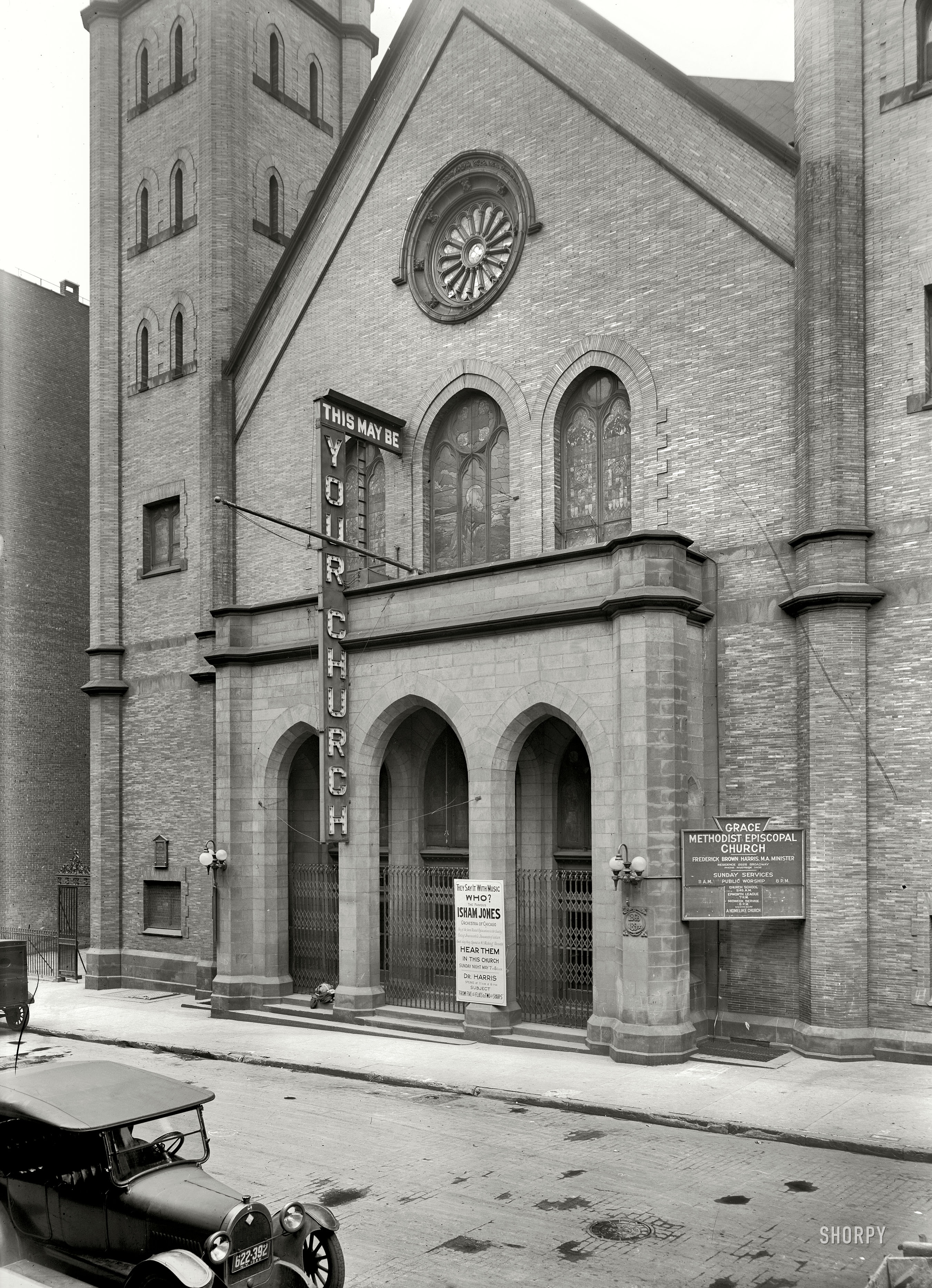 New York, May 1922. "Grace Methodist Episcopal Church, West 104th Street." Gutted by a five-alarm fire in 1983. Bain News Service. View full size.