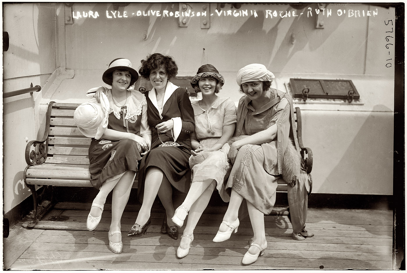 June 26, 1922. "Laura Lyle, Olive Robinson, Virginia Roche, Ruth O'Brien" aboard a ship. 5x7 glass negative, George Grantham Bain Collection. View full size.
