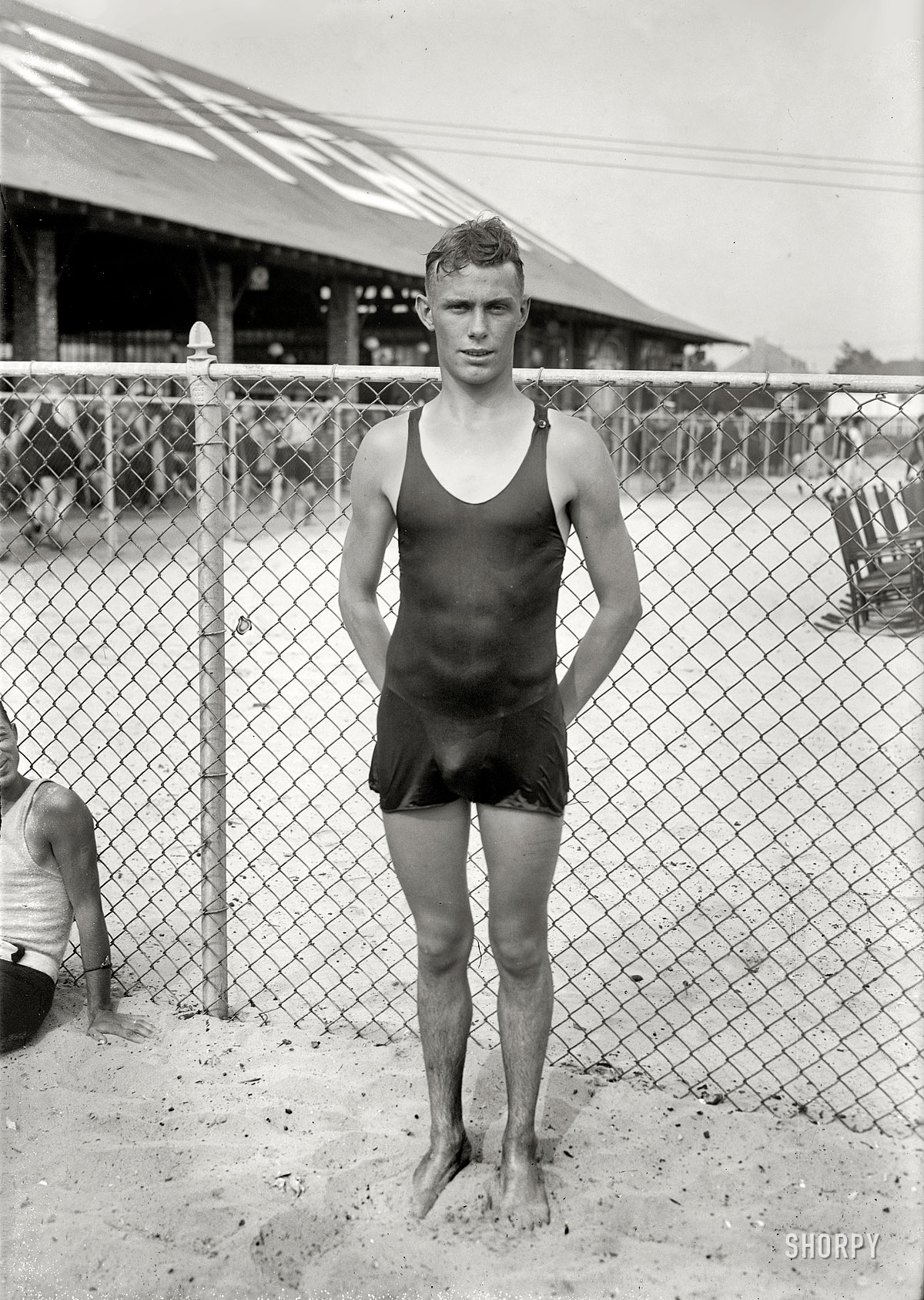 Riverton, New Jersey, July 23, 1921. "Jimmy Hall, Central Y.M.C.A." James W. Hall Jr. of Brooklyn, who won the 1921 National A.A.U. distance title by default after the first-place finisher was disqualified for completing the 10-mile event in the Delaware River without a swimsuit. Bain News Service. View full size.