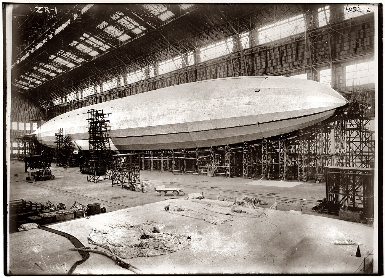 August 25, 1923. The Navy airship ZR-1 in its hangar at Lakehurst Naval Air Station, New Jersey. View full size. George Grantham Bain Collection.