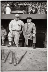 New York Yankees outfielder Babe Ruth, in a Giants uniform, with Giants manager John McGraw at an exhibition game with the Baltimore Orioles on October 3, 1923, at the Polo Grounds. Ruth played in the Giants outfield for the game, which was a benefit. View full size. George Grantham Bain Collection.