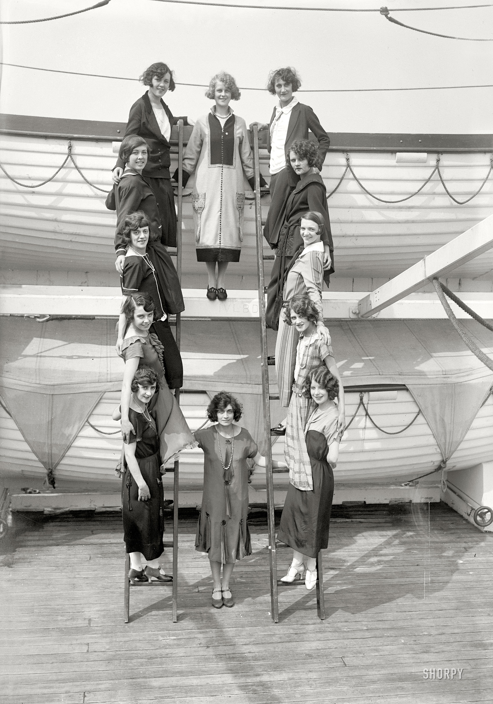 New York circa 1925. "Tiller girls." Arriving from England, 12 chorus girls in the troupe originated by British musical-theater impresario and precision-dancing pioneer John Tiller. 5x7 glass negative, Bain News Service. View full size.