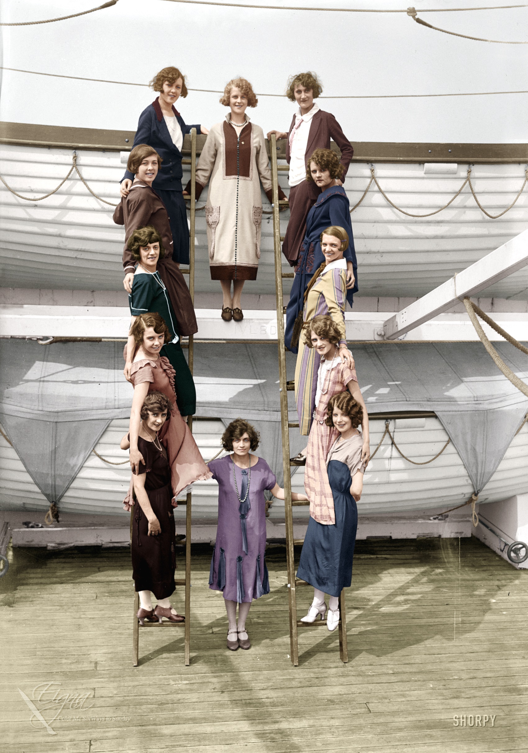 Colorized version of the Shorpy image of the "Tiller girls," circa 1925.