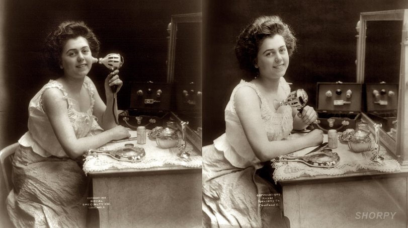 On the left: "Full Current: Young woman using an electric device for massage and stimulation of her face and neck." On the right: "Chest Developer: Woman at dressing table holding electric vibrating machine against her chest." Royal Specialty Company, Cleveland, 1909. Library of Congress copyright deposit, series of five 8x10 photographs: "Chest Developer," "Full Current," "Feels Good," "I Always Use It," "Smoothing the Wrinkles." View full size.