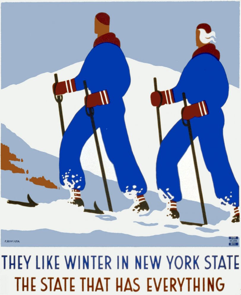 A Federal Art Project poster promoting winter sports in New York: "They like winter in New York State. The state that has everything." The poster was created by Jack Rivlota between 1936 and 1941. View full size.