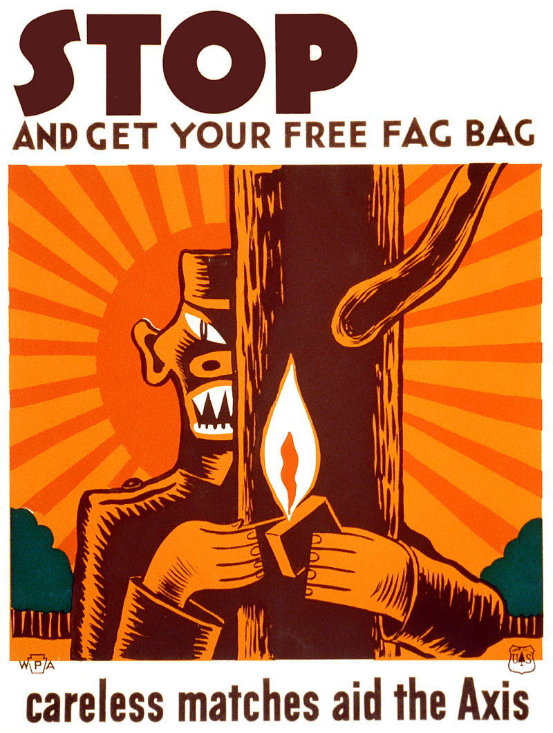 Circa 1942 silkscreen poster by Louis Hirshman encouraging safe disposal of matches, showing stylized Japanese soldier standing behind a tree with a match, with the rising sun in the background. Federal Art Project / WPA War Services Project. View full size.
