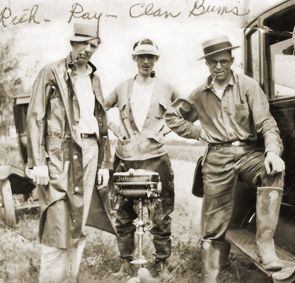 Taken sometime in the 1920's in Ohio, this, left to right, is my grandfather R.C. Powers, my great-uncle D. Ray Babcock and my great-uncle Clarence W. Powers. They are proudly displaying a very early model Johnson outboard motor, while dressed in their best fishing duds and all sporting pipes. My great-aunt (Clarence's wife) captioned the pic, "Rich, Ray, Clan. Bums".