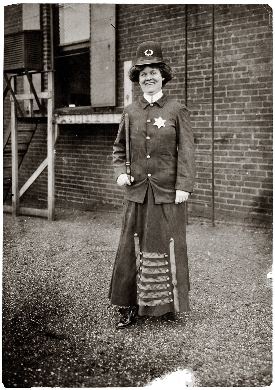 "Suffragette posed in police uniform to illustrate woman police concept." Cincinnati, Ohio. September 23, 1909. View full size. George Grantham Bain Collection.