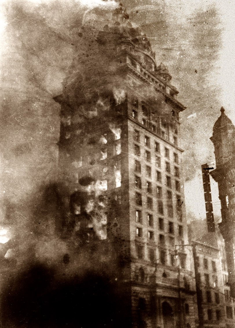 "The Burning of the Call." The San Francisco Call newspaper building in flames after the April 18, 1906 earthquake. View full size. Pillsbury Picture Co.