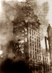 "The Burning of the Call." The San Francisco Call newspaper building in flames after the April 18, 1906 earthquake. View full size. Pillsbury Picture Co.
In FlamesMy god if that isn't dramatic. Wow.
Still stands todayThis building survives today, although it's hardly recognizable. The dome and ornamentation were removed in later years to "modernize" the building and ended up stripping it of any of the original character. It's at the Southwest corner of Third and Market Streets in San Francisco.
Call BuildingI had an office in that building for a number of years in the 1990s. Yes, they tarted up the outside in a pseudo-deco style, but inside it still had some of the wonderful old features. I liked the oval brass doorknobs with CS initials for Charles Spreckels. I also liked the sink in the corner of the office, although I never did figure out exactly what its purpose was.  I loved having real windows that opened and a fabulous view of Market Street.
(The Gallery, Fires, Floods etc., San Francisco)