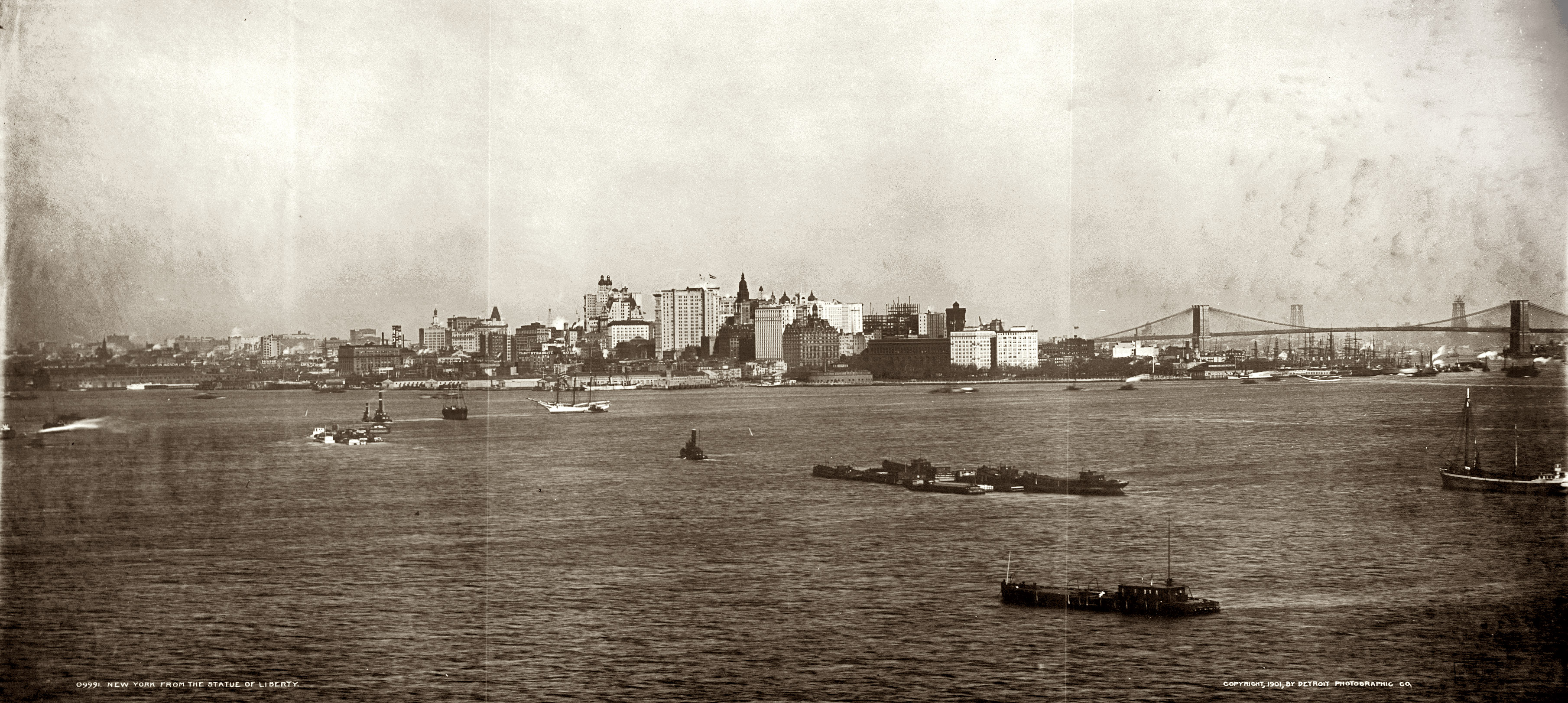 New York City as seen from the Statue of Liberty circa 1901. Cyanotype by the Detroit Photographic Co. View full size.