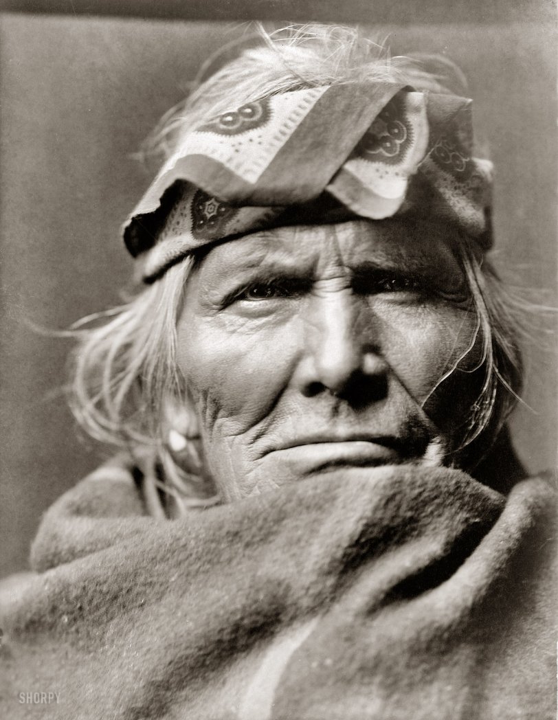 1903. The Zuni elder Si Wa Wata Wa. Who does not look like someone who put up with much nonsense. Photograph by Edward S. Curtis. View full size.
