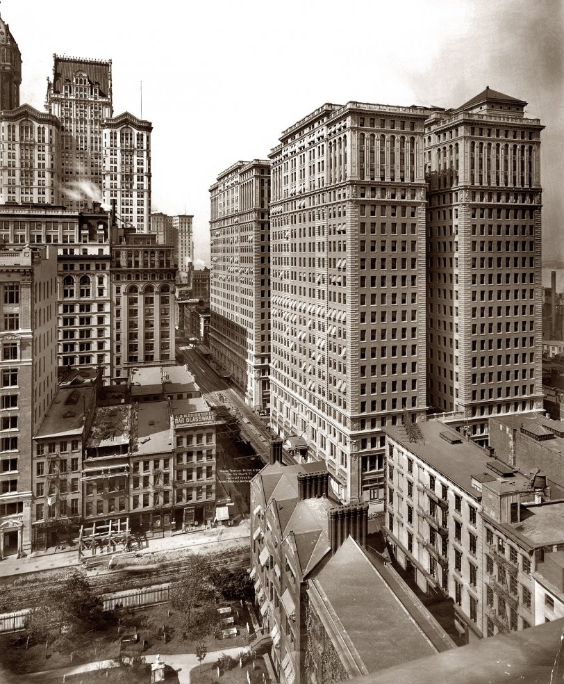 New York, 1908. Hudson Terminal Buildings at 30-50 Church Street showing cemetery and construction of elevated railway. View full size. Irving Underhill photo. The complex was razed in 1971 to make way for 5 World Trade Center.
