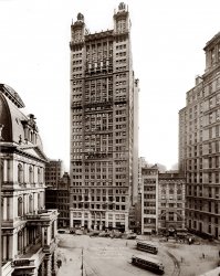 The Park Row Building circa 1912. View full size. For nine years this 1899 tower, at 391 feet, was the tallest in New York.  Read more here and here.