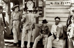 October 1939. Neches, Texas. "Mexican migrants drinking cold drinks and buying candy at filling station where the truck taking them to their homes in the Rio Grande Valley has stopped. They had been picking cotton in Mississippi." Photograph by Russell Lee for the Farm Security Administration. View full size.