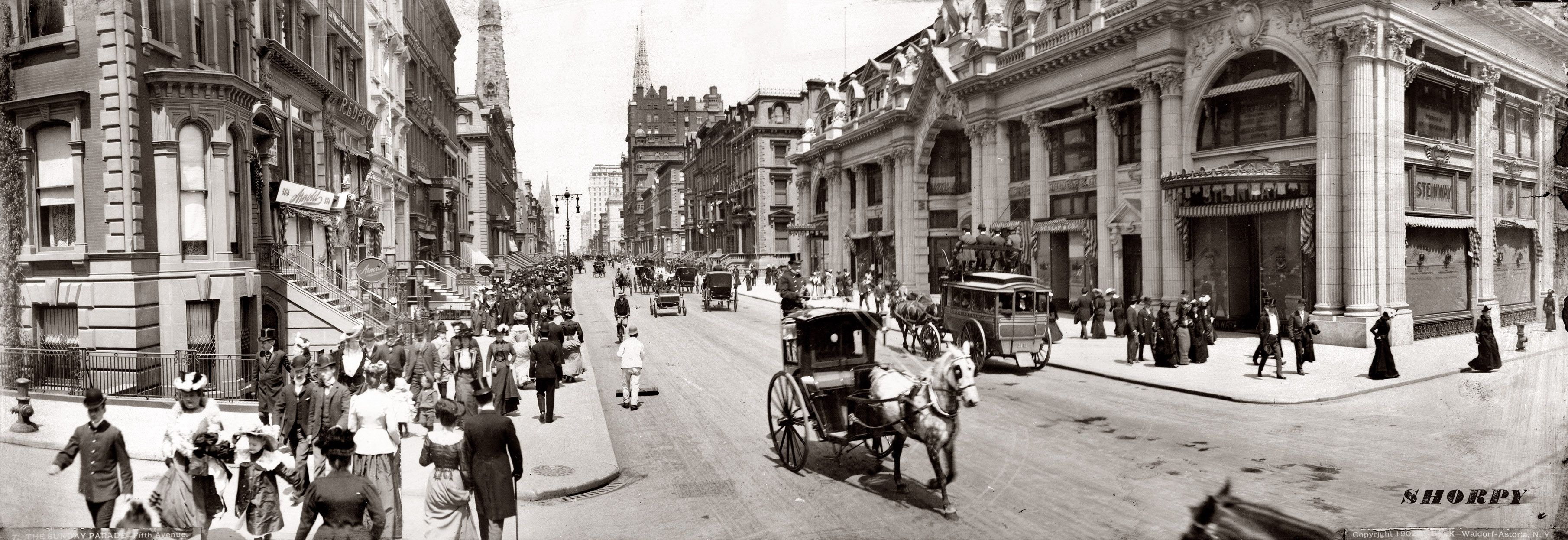 "The Sunday Parade, 5th Avenue." View north from 46th Street. Windsor Arcade (demolished 1921) on right. View [larger ] [way big]. 1902 photo by Benjamin Falk. Compare with the image below -- in 11 years, cars have taken over the street.