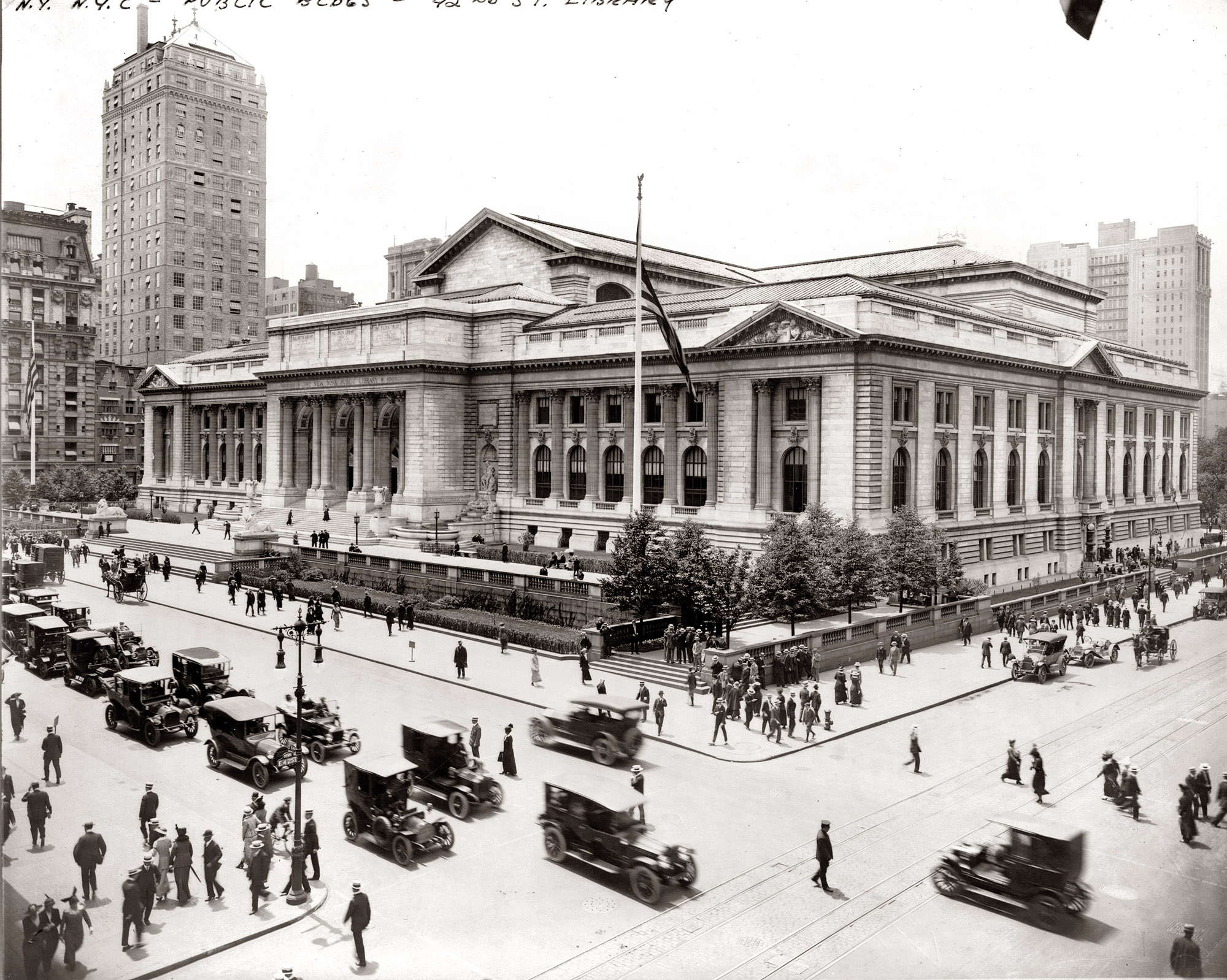 The New York Public Library as seen from the intersection of East 42nd Street and Fifth Avenue. July 14, 1915. Copyright Office Collection. View full size.