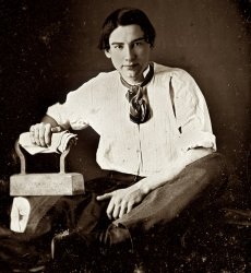 "Occupational portrait of young man pressing cloth with an iron. Note in case behind daguerreotype: Aron McGove, Lebanon, Dec. 18, 1848." Sixth-plate daguerreotype, photographer unknown. Library of Congress. View full size.