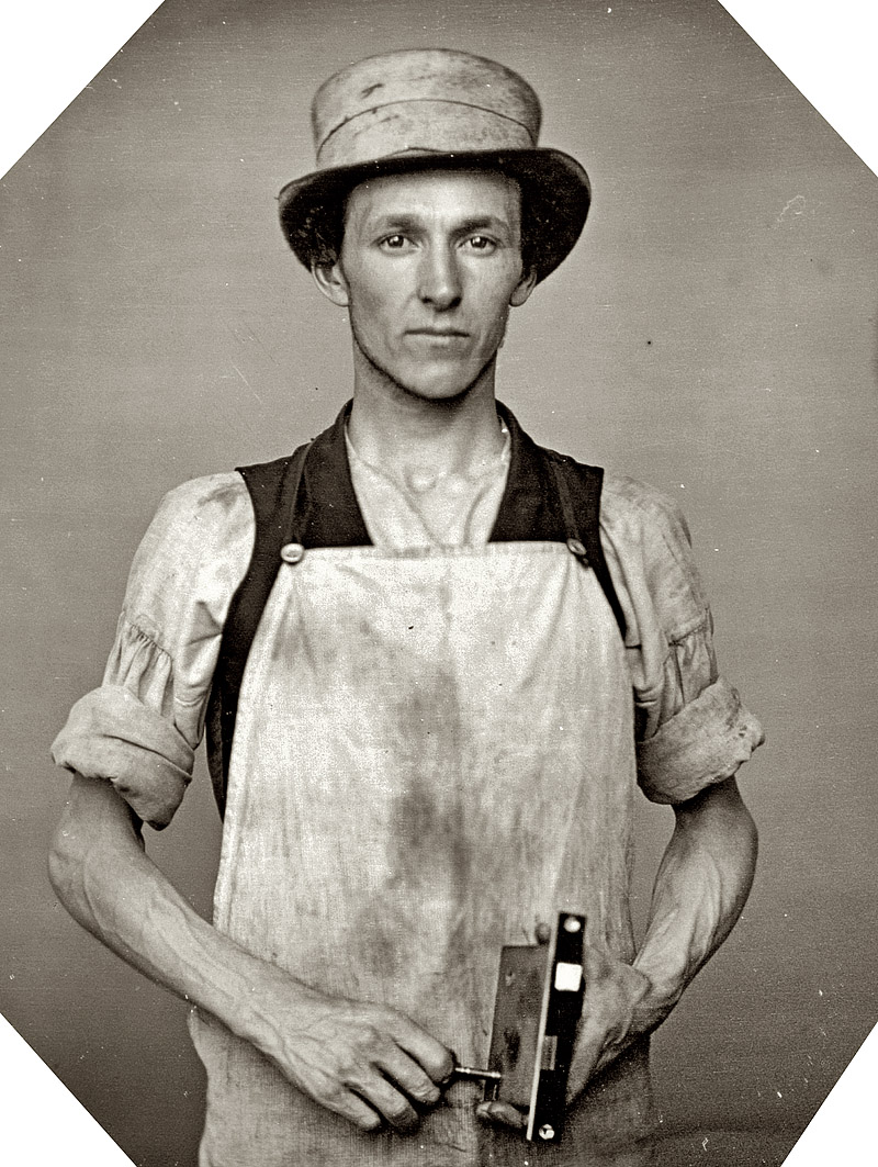 Photo of: Locksmith: 1850s -- Circa 1850s occupational portrait of a latchmaker, photographer unknown. Sixth-plate daguerreotype. One of 25 occupational portraits in the Library of Congress daguerreotype collection. View full size.