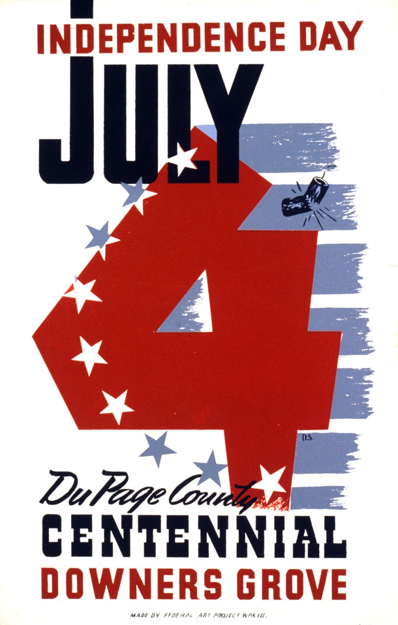 A poster for the 1939 July 4th celebration at the DuPage County Centennial in Downers Grove, Illinois. View full size
