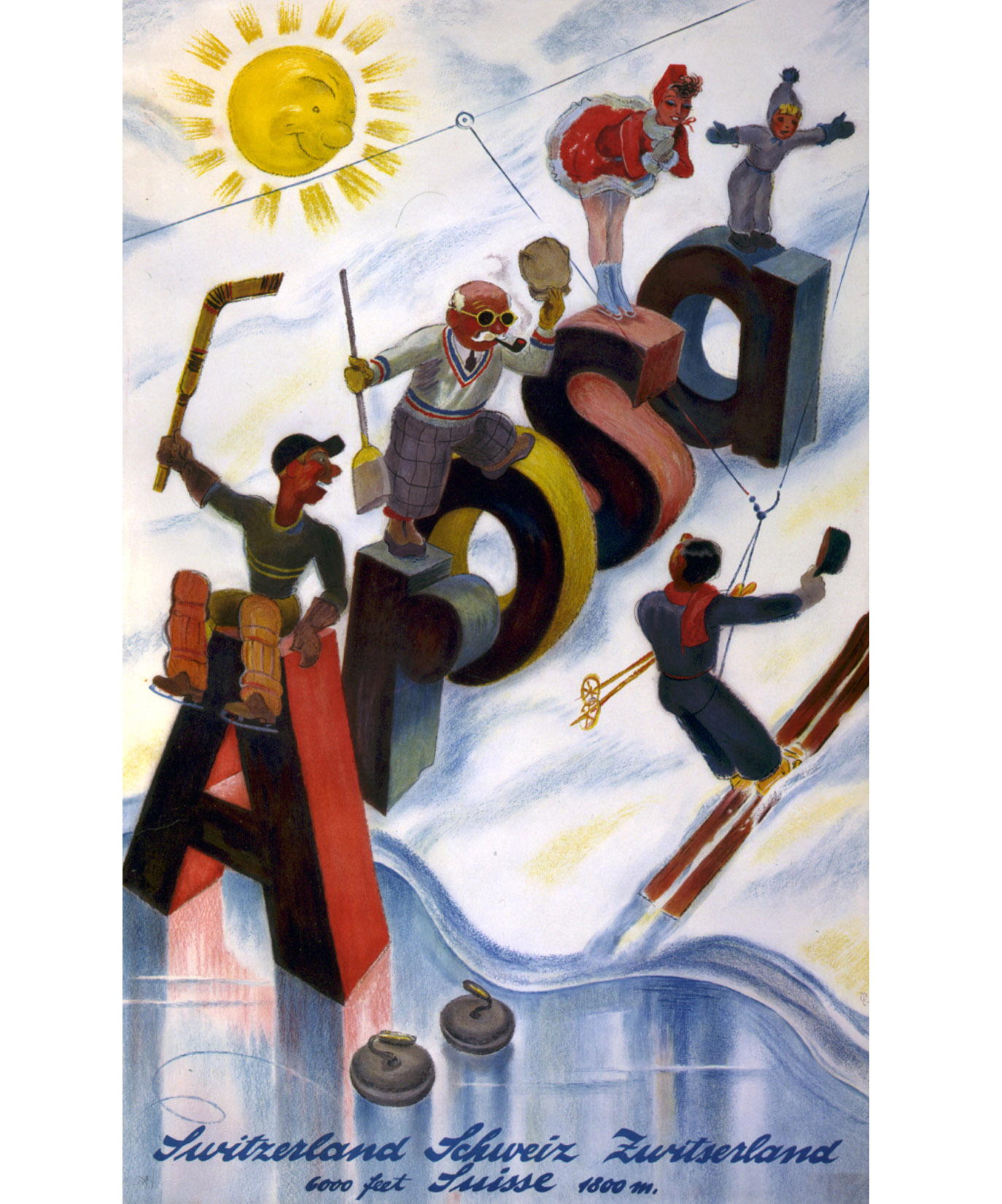 A 1938 promotional poster showing the many types of winter sports available in Arosa, Switzerland: Ice hockey, ice skating, skiing, and curling. View full size.