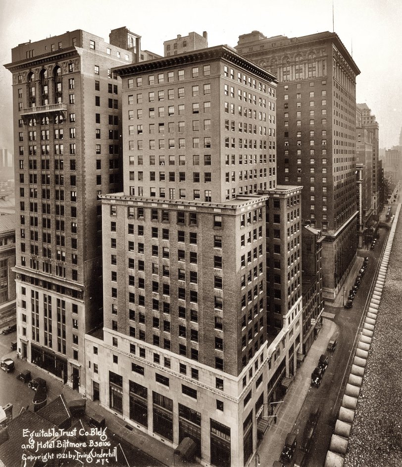 New York, 1921. Equitable Trust Building and Hotel Biltmore. View full size. Photograph by Irving Underhill.
