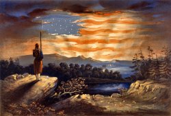 1861. "A pro-Union patriotic print based on Frederic Edwin Church's oil painting 'Our Banner in the Sky,' which in turn was inspired by the highly publicized Confederate insult to the flag at Fort Sumter in April 1861 and by a sermon by Henry Ward Beecher published shortly thereafter. The print shows a lone Zouave sentry watching from a promontory as the dawn breaks, his rifle and bayonet forming the staff of an American flag formed by the sky's light. In the distance is a fort, probably Sumter." Lithograph by Sarony, Major & Knapp. View full size.