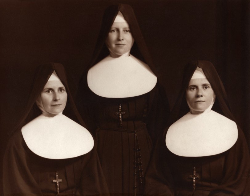 This photo was purchased at an estate sale. The nuns are believed to be from St. Louis Missouri's Christian Brothers College, possibly from the 1920's, according to other photos that were purchased at the same time. Photo was taken by Brown Photo, St. Louis, MO. View full size.

