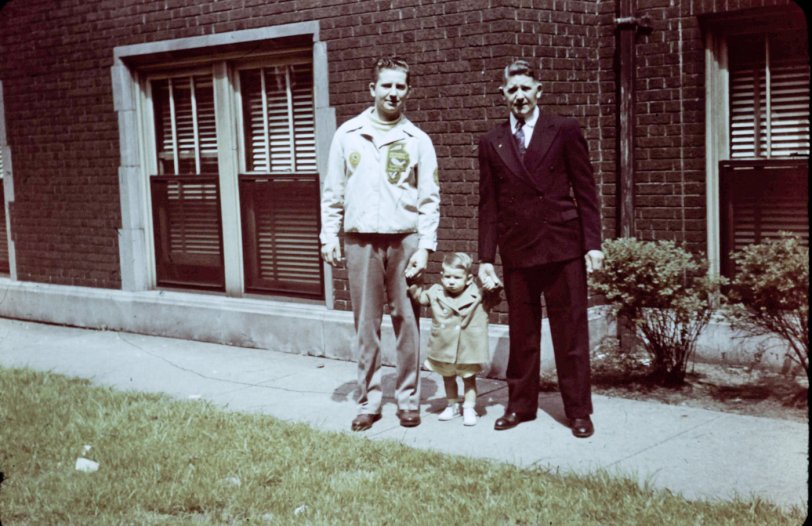 Kodachrome slide. Taken in the spring of 1949 in Chicago. All three are named Alex. My dad, my grandpa and my great grandpa. View full size.
