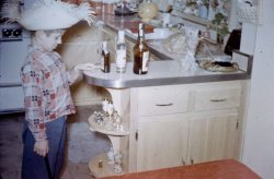 My young father looking at the alcohol in his kitchen in Chicago. He was about six here in 1954. View full size.
(ShorpyBlog, Member Gallery)