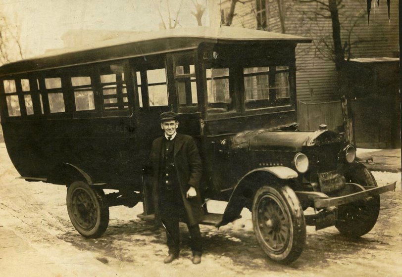This is my grandfather Joseph Kaiser in front of his Exchange Place (Jersey City NJ) bus around 1920. View full size.
