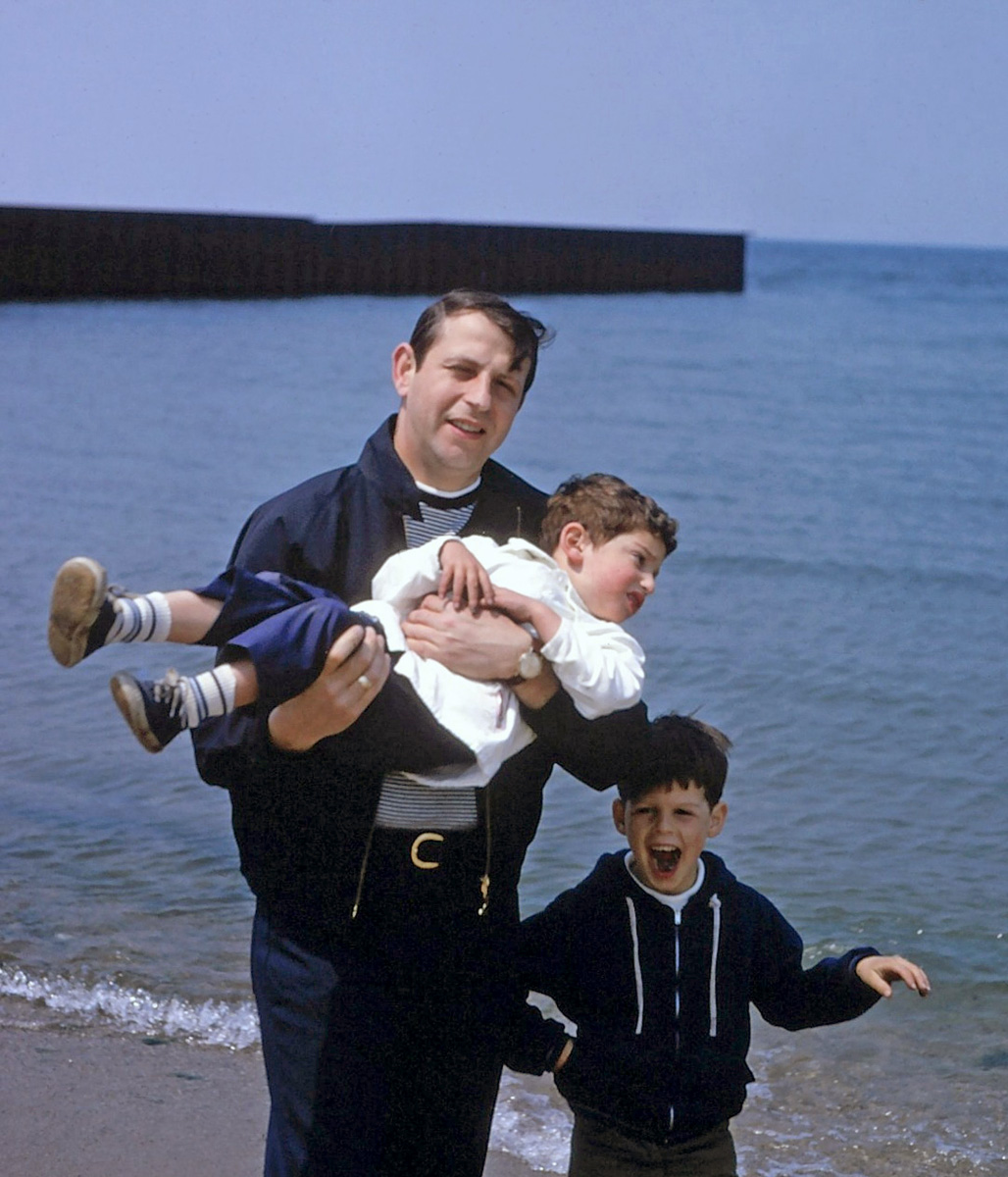 Sol Hurvitz and sons Jimmy and Andy, 1966, Evanston, IL. My father, Sol A. Hurvitz (9/19/32-4/13/09), was born in Chicago, IL and worked in advertising. We were raised in Lincolnwood, IL and were often taken in spring and summer down to Lake Michigan to walk in Evanston where it was cooler and shadier. View full size.