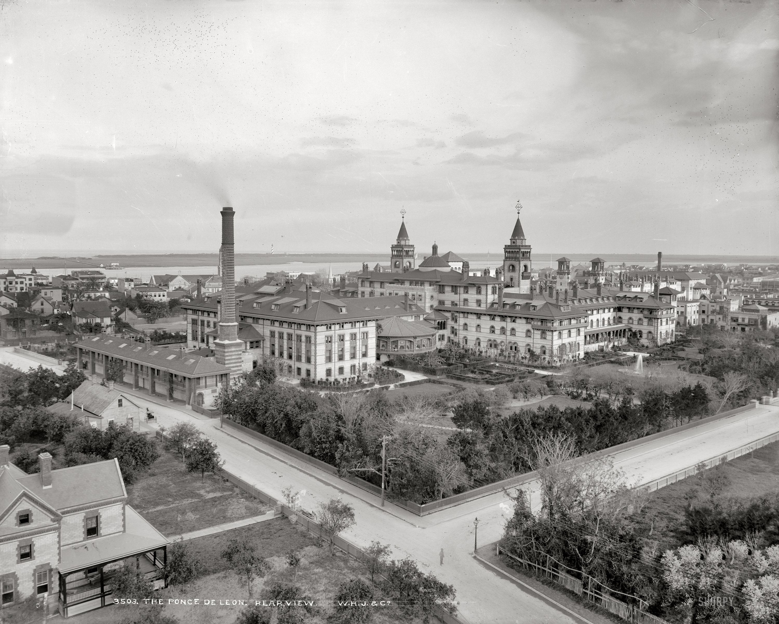 St. Augustine, Florida, circa 1890s. "The Ponce de Leon Hotel, rear view." With this post, Shorpy is entering vacation mode for a week, having packed his bindle and hopped a freight for the wide open spaces. While he's gone we'll try to make do with just a post or two every day. View full size.