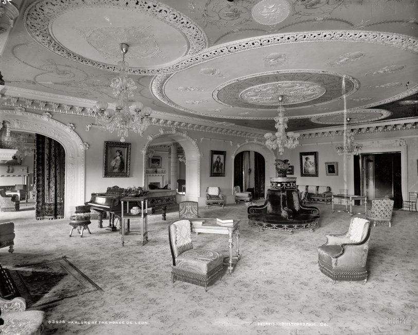 St. Augustine, Florida, circa 1890. "Parlors of the Ponce de Leon Hotel." Glass negative by William Henry Jackson. Detroit Publishing Co. View full size.
