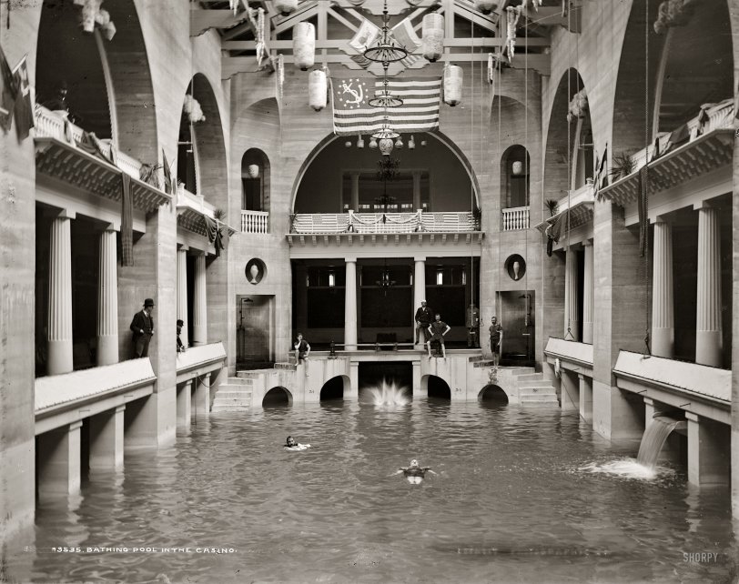 Circa 1889. "Bathing pool in the Casino." The swimming pool at Henry Flagler's Hotel Alcazar in St. Augustine, Florida, last seen here from the other end. Glass negative by William Henry Jackson. Detroit Publishing Co. View full size.