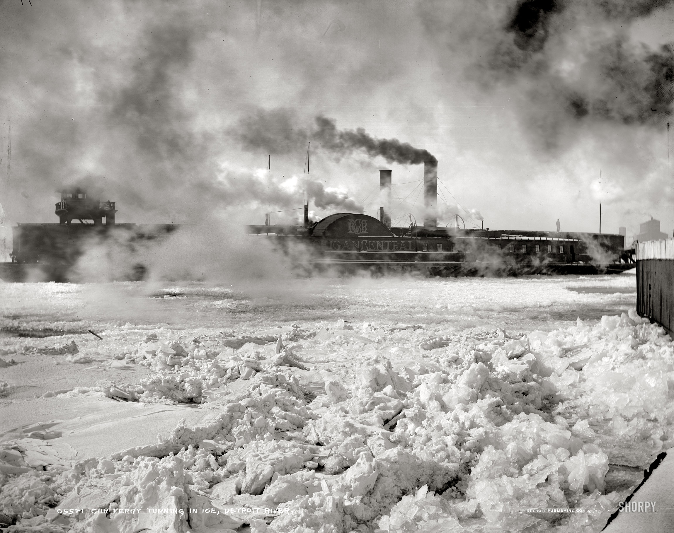 Circa 1900. "Detroit River. Car ferry Michigan Central turning in ice." Our third look at one of these railcar transports. Detroit Publishing. View full size.