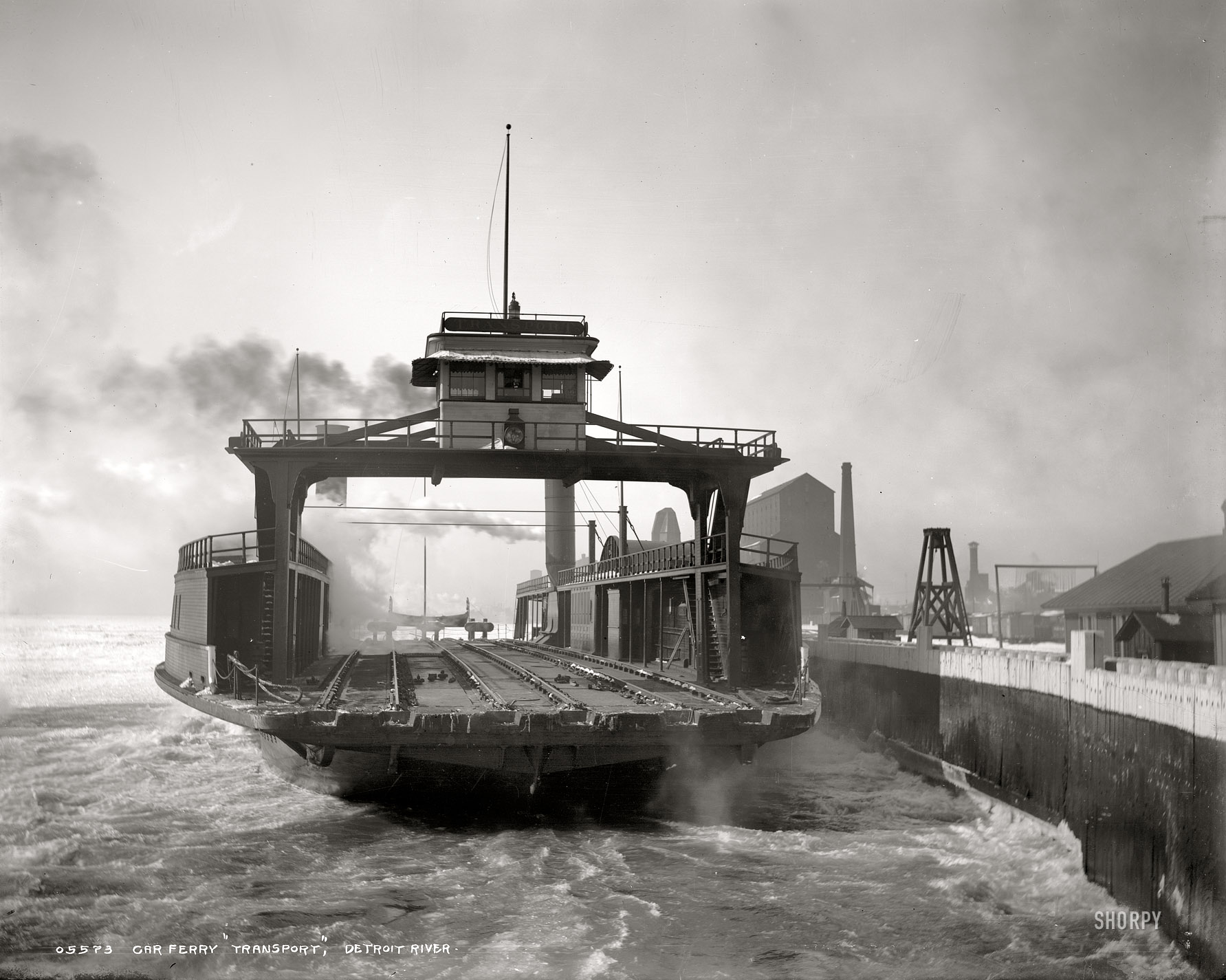 Circa 1900. "Car ferry 'Transport' entering slip, Detroit River." Railcar steamer on an icy, windy day. Detroit Publishing Company glass negative. View full size.