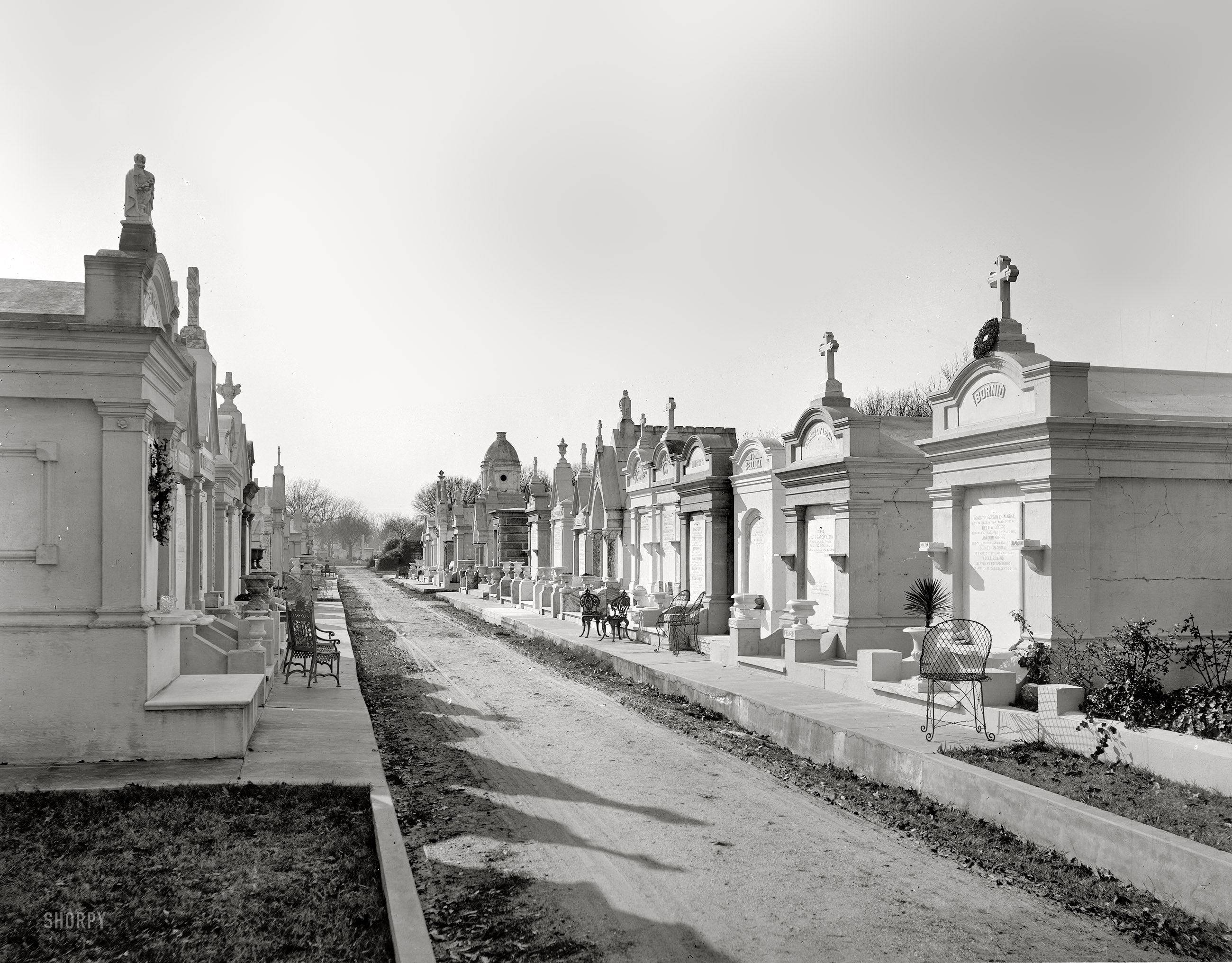 Circa 1895. "Metairie Cemetery, New Orleans." 8x10 inch dry plate glass negative, Detroit Publishing Company. View full size.