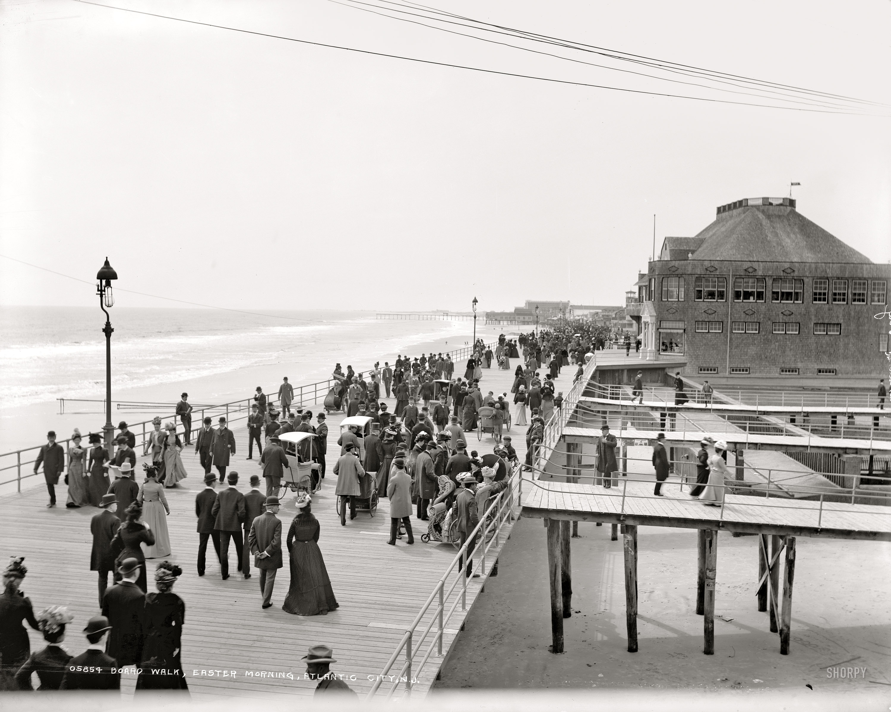 Atlantic City, New Jersey, circa 1900. "Boardwalk, Easter morning." 8x10 dry plate glass negative, Detroit Publishing Company. View full size.